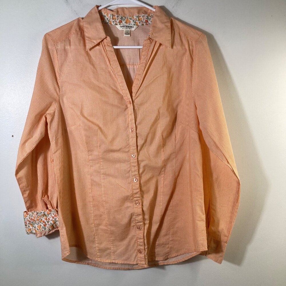 Womens Tantrums Gingham Button Shirt Long Sleeve M Orange White Cotton